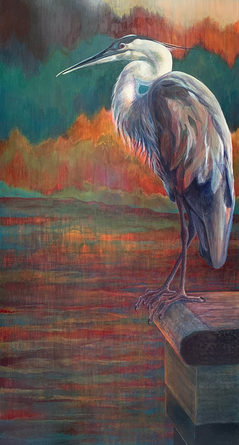 Great Blue Heron Flying Over Blue Water in Metallic Acrylic Paint