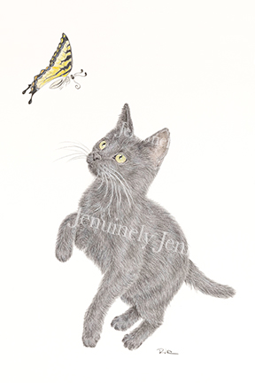 Colored Pencil Drawing of a Black Kitten and Swallowtail Butterfly