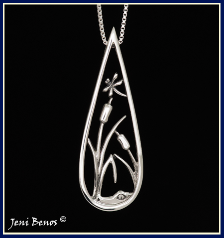 alligator necklace with cat tails and dragon fly in silver