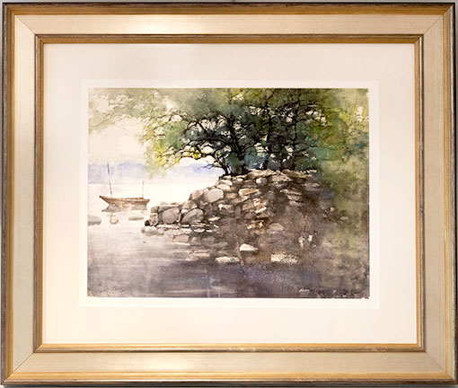 Boat in water by a rocky tree lined shore watercolor painting by Z.L Feng