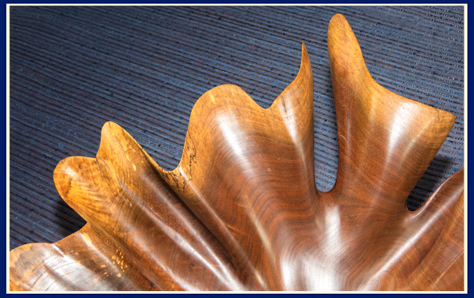 detail of burl in black walnut wooden bowl with wavy edge