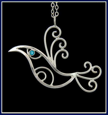 sterling silver bird necklace with swiss blue topaz