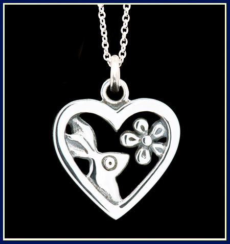 Sterling Silver Necklace of a Rabbit Smelling a Flower in a Heart