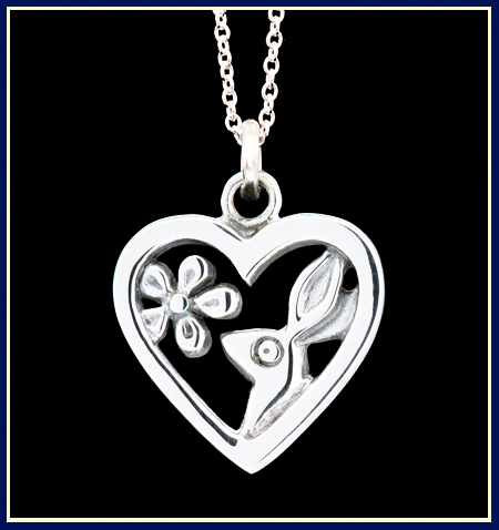 Sterling Silver Necklace of a Rabbit Smelling a Flower in a Heart
