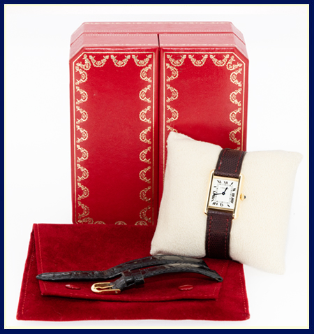 Vintage Cartier Tank Watch with original box pillow pouch and strap