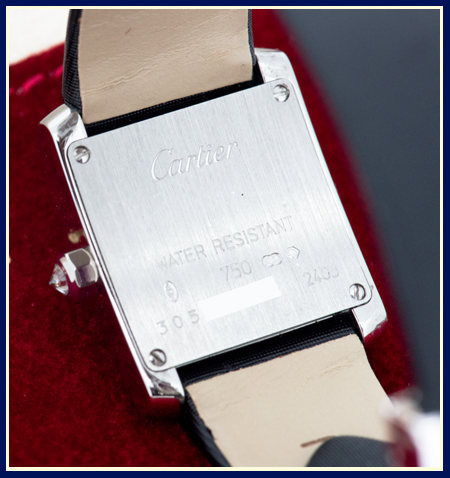 18KW Vintage Cartier Tank viewed from back showing quality marks