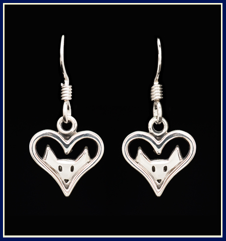 heart shaped earrings with cat ears peeking through in silver