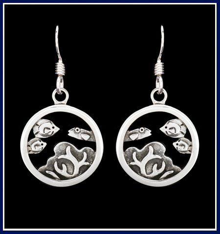 Sterling Silver Earrings with Coral and Reef Fish in a Circle