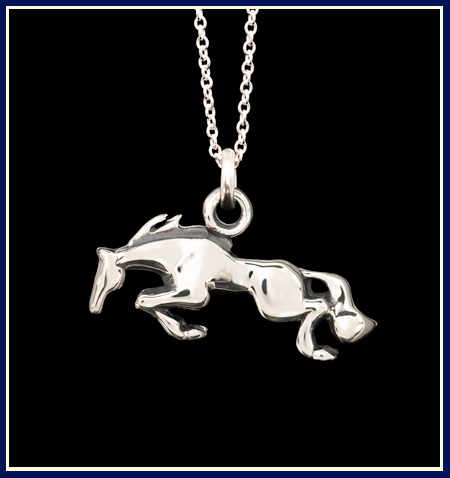 equestrian necklace of jumping horse in sterling silver