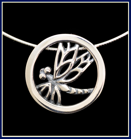 Circular dragonfly necklace on omega chain in sterling silver 