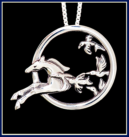 A galloping horse leaping through a circle with flying birds- necklace