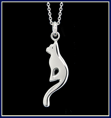 contemporary sterling silver kitten with long tail necklace on chain