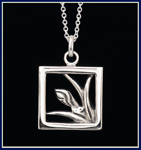 A sterling pendant with a mouse on a flower bud stem 