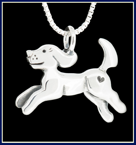 Handmade happy puppy necklace in sterling silver on box chain