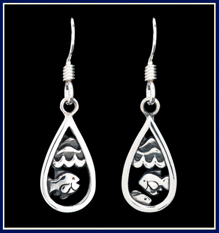 Teardrop Shaped Sterling Silver Earrings with Fish Waves 