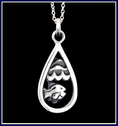 Silver necklace with a smiling fish under waves 