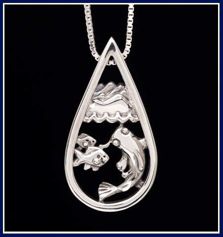 Teardrop shaped pendant with mountains waves and river fish