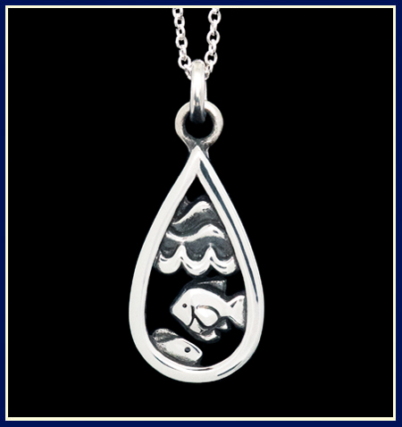 Teardrop shaped Necklace with Two Fish Under Waves 