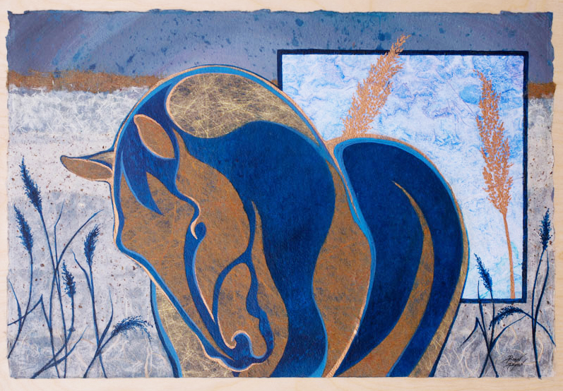 Collage of blue and gold horse with tall grass by Robyn Ryan
