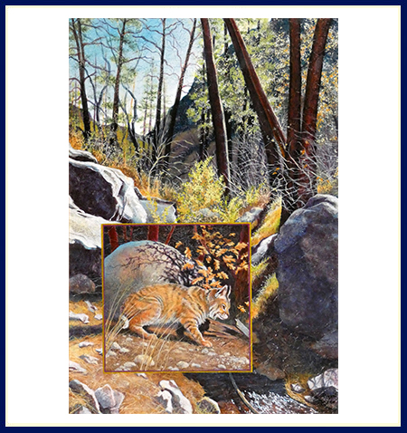 Original mixed media by Robyn Ryan with a bobcat in the forest 