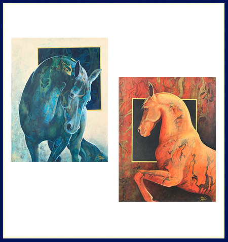 Two original collages by Robyn Ryan with blue and red horses