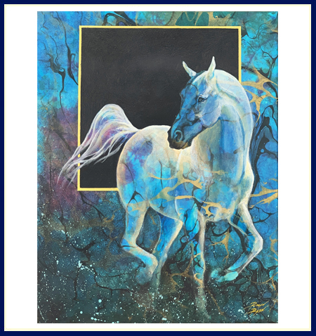 Original horse collage with white horse in shades of blue and gold