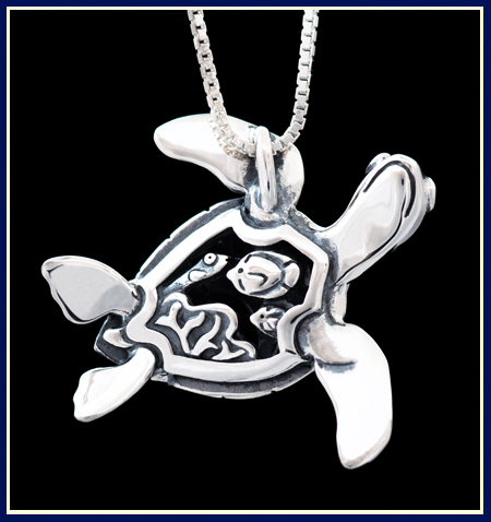 Filigree Turtle Necklace with Fish Carved on Belly by Jeni Benos