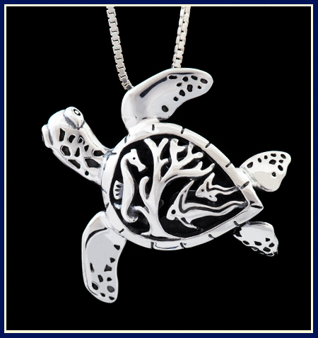 Sea Turtle Necklace with Fish Carved on Shell by Jeni Benos