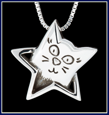 Star shaped necklace with a smiling cat handcrafted in silver