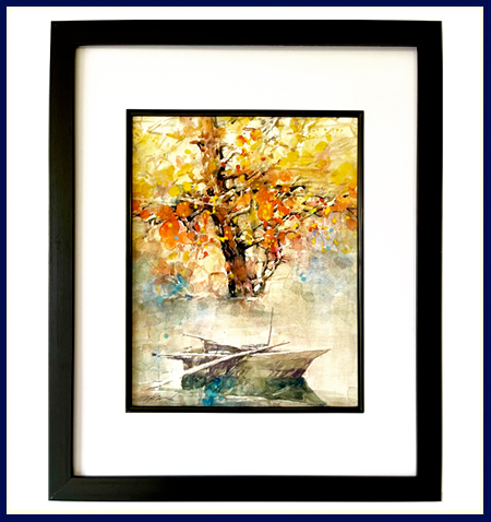 Boat in water by a rocky tree lined shore watercolor painting by Z.L Feng