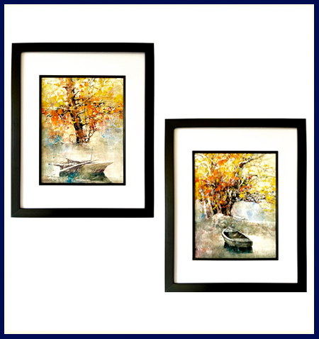 Oil painting of a river under moonlight in a thick gold frame 