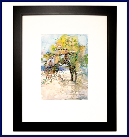 ZL Feng watercolor original panting in black frame of tree by water