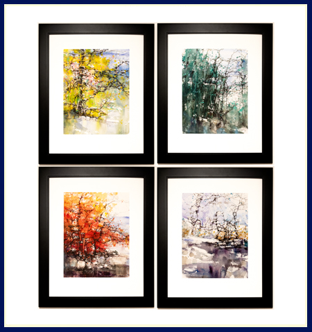 Set of 4 ZL Feng Original Watercolor Paintings of Seasons with Trees