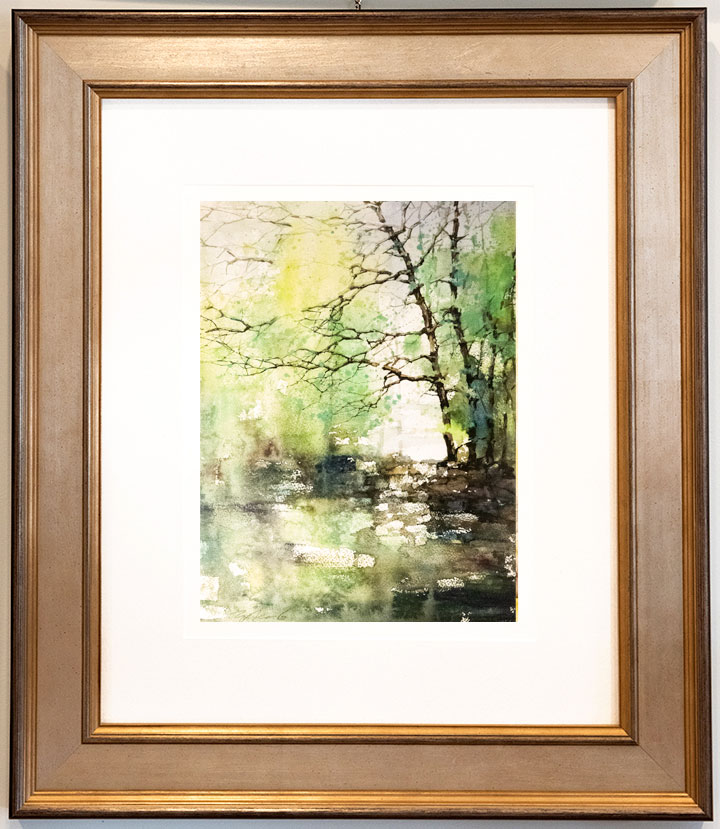 Framed watercolor painting of spring trees and river by Z.L Feng