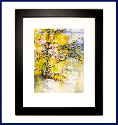 ZL Feng watercolor original panting in black frame of tree by water