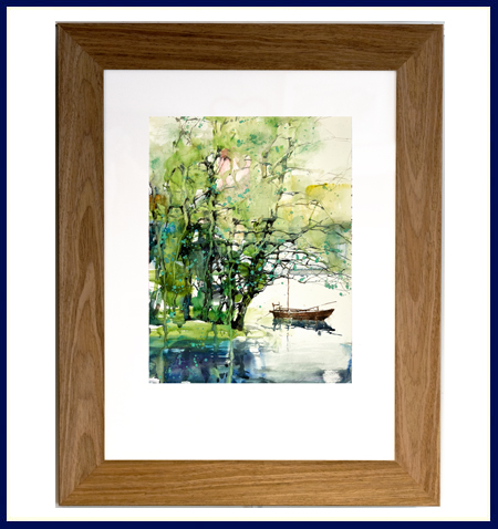 Framed watercolor painting of spring trees and river by Z.L Feng
