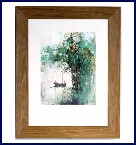 Original watercolor by ZL Feng with a boat on the river in summer